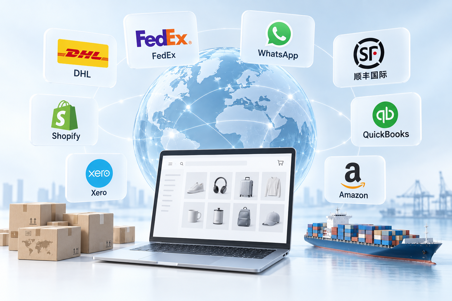 QingERP 全球业务生态,连接 DHL、FedEx、WhatsApp、顺丰国际、Shopify、QuickBooks、Xero、Amazon